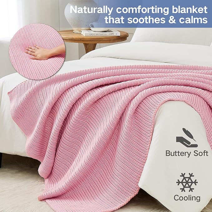 Knitted Weighted Blanket(Pink 50"x75" 20lbs),Home Décor Cooling Throw Blanket for Hot Sleepers,Hand Made Chunky Knit Heavy Blanket for Adults Use on Full Size Bed