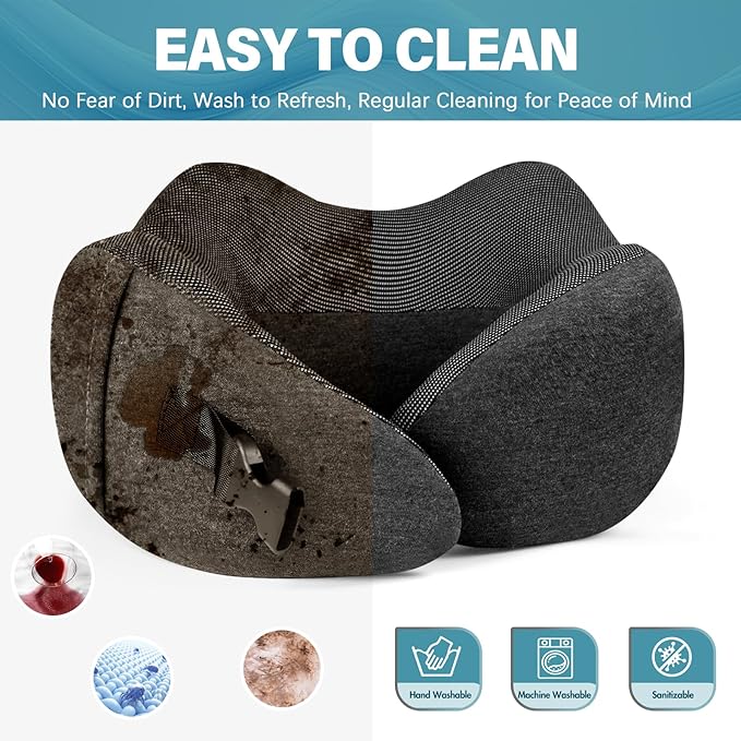 PORTHOLIC 2024 Upgraded Travel Neck Pillow with Buckle,100% Pure Memory Foam Travel Neck Pillow for Airplane Travel Flight Headrest Sleep, Portable Plane Accessories(Dark Grey)