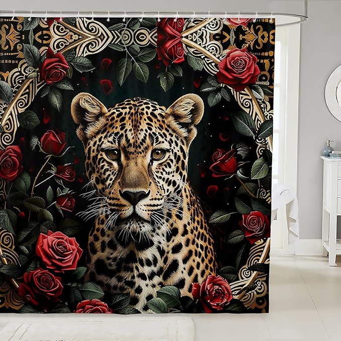 Feelyou Rose Leopard Bathroom Shower Curtain Set Boys Leopard Shower Curtain Leopard Bath Curtain for Kids Boys Girls Wild Leopard Kids Bathroom Accessories Wild Animal 72"x84"