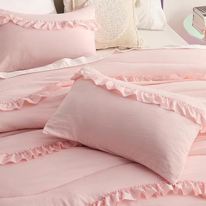 Bedsure Pink Comforter Set Queen - Ruffle Comforter, Cute Shabby Chic Boho Bedding Comforter Set for Girls, Lightweight Fluffy Soft Bed Set with 2 Pillow Shams