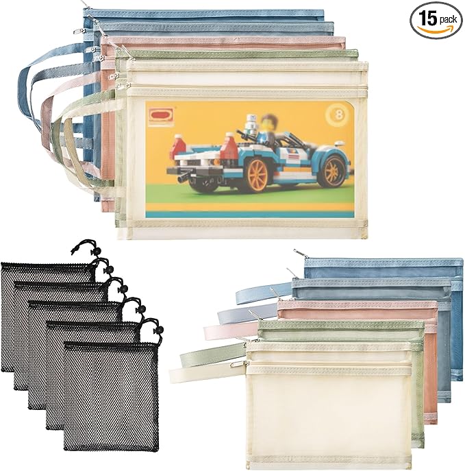 15pcs Mesh Zipper Pouch Storage Bag Clear Zipper Pouch for Organization Double-Layer Nylon Building Block Sets Toy Storage Handle Puzzle for Activity School Office Game(5Pcs A4+5Pcs A5+5Pcs Mesh Bag)