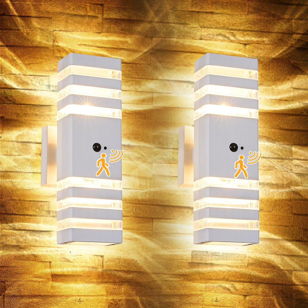 2 Pack Motion Sensor Outdoor Wall Lights with 4 Dimmable Bulbs, Modern White Dusk to Dawn Porch Sconces Waterproof Up Down Exterior Lighting Fixtures, Outside Coach Lamp for House Garage Front Door