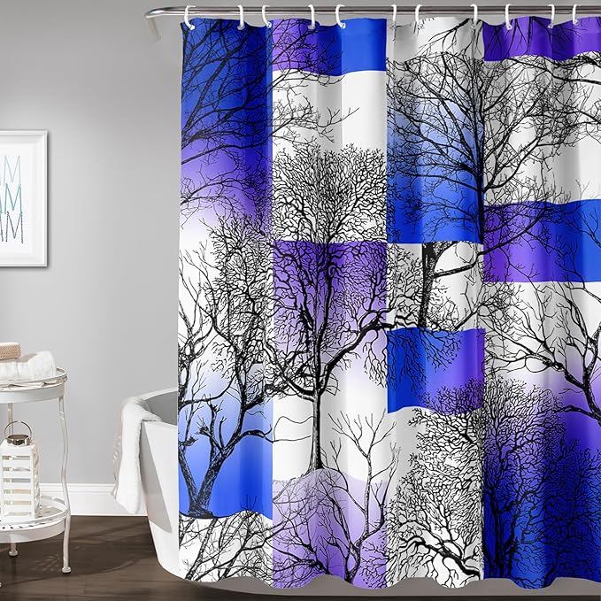 AILONEN Blue and White Tree Abstract Shower Curtain,Minimalist Printed Plant Tree Arts Bath Curtain,Modern Boho Waterproof Curtain for Bathroom Decor, 36" W x 72" H