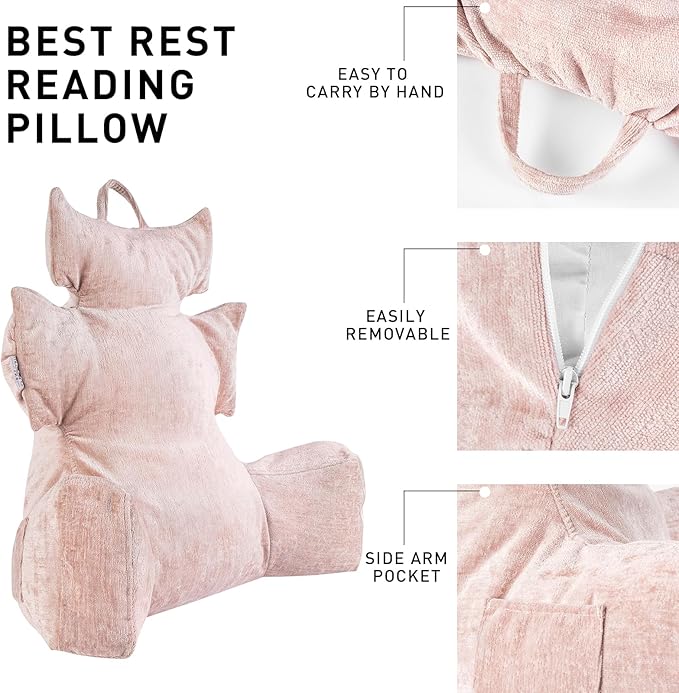 Reading Pillow with Shredded Memory Foam, Large Adult Backrest with Arms, Back Support for Sitting Up in Bed with Washable Cover (Sit up Pillow)