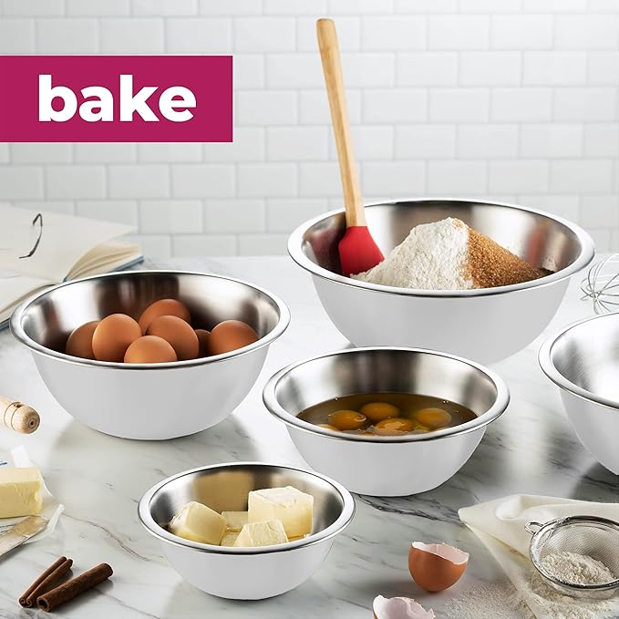 FineDine Stainless Steel Mixing Bowls (Set of 5) Stainless Steel Mixing Bowl Set - Easy To Clean, Nesting Bowls for Space Saving Storage, Great for Cooking, Baking, Prepping