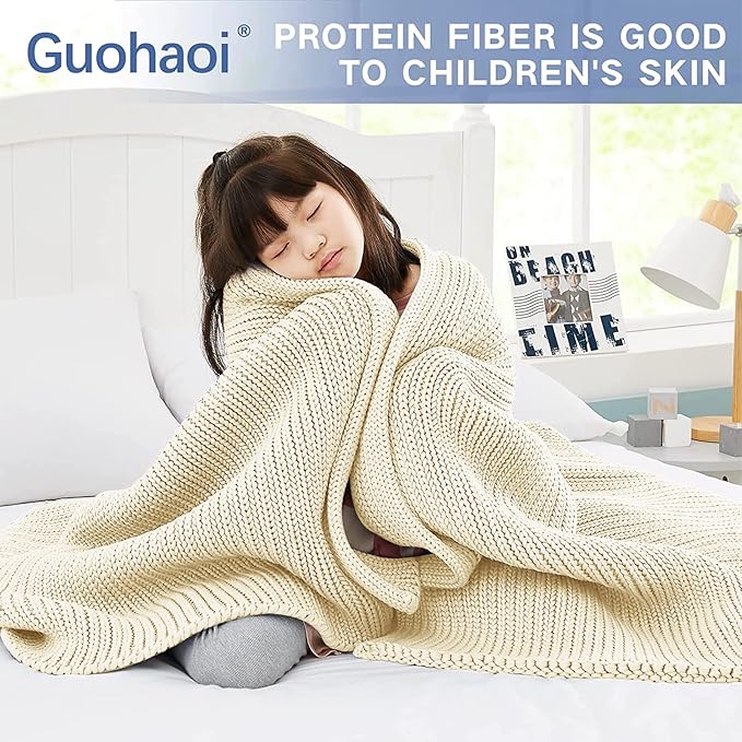 Knitted Weighted Blanket(Cream 50"x60" 5lbs),Home Décor Cooling Throw Blanket for Hot Sleepers,Hand Made Chunky Knit Heavy Blanket Use on Twin Size Bed