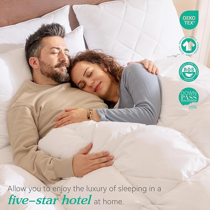 Three Geese White Goose Feather Bed Pillows Queen Size Set of 1- Soft 600 Thread Count 100% Cotton, Medium Firm,Soft Support Surround Fill Polyester (Queen Size:Pack of 1)