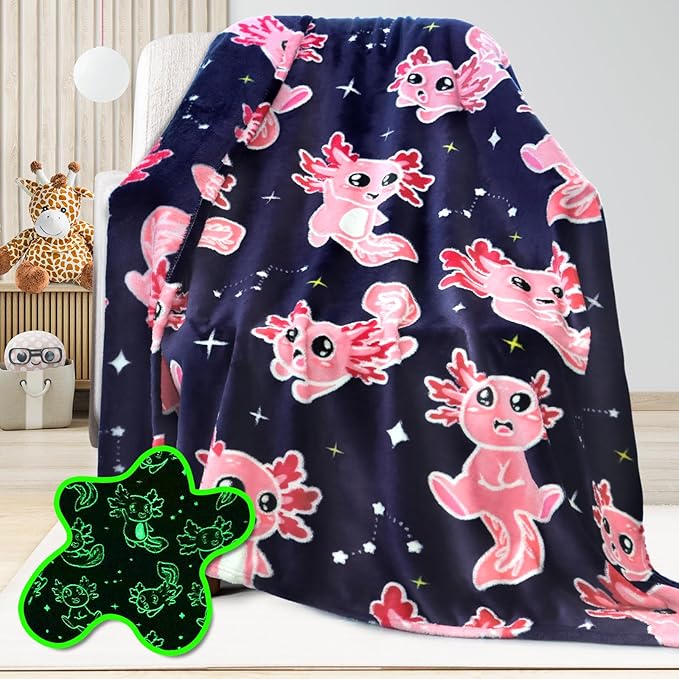 Axolotl Blanket Glow in The Dark Blanket Pink Axolotl Plush Cute Blanket for Girls Axolotl Gifts Birthday Decorations 50"x60"