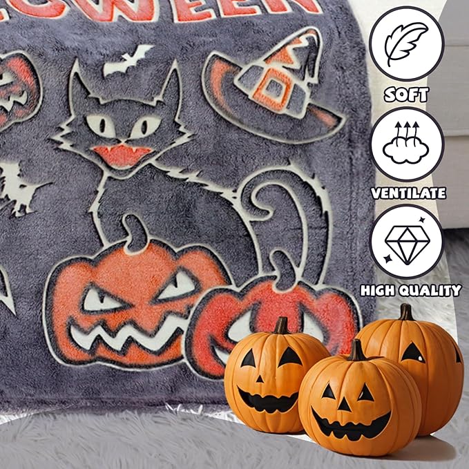 Witchy Blanket Halloween Glow in The Dark Blanket for Kids Women Adults Pumpkins Halloween Decorations for Bedroom