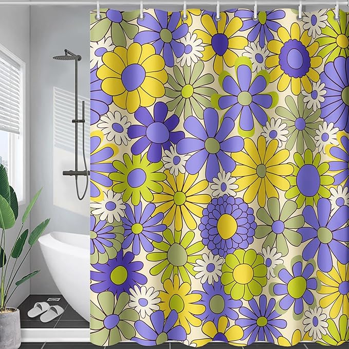 AILONEN Flower Shower Curtain for Bathroom,Polyester Fabric Waterproof,Purple Yellow Plants Flowers Bath Curtains Washable, 72" W x 84" H