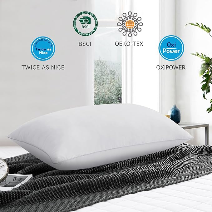 puredown® Goose Feather Bed Pillow with 100% Cotton Cover, 1 Pack, Queen Size Hotel Collection Pillow for Sleeping with Silver Piping