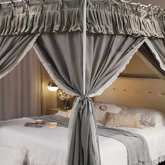 4 Corners Post Princess Ruffle Curtain Bed Canopy Lace Up Elastic Cozy Breathable Tent Mosquito Net for Girls Bedroom Decoration(Grey, 70-78" W*86" L*82" H/King)