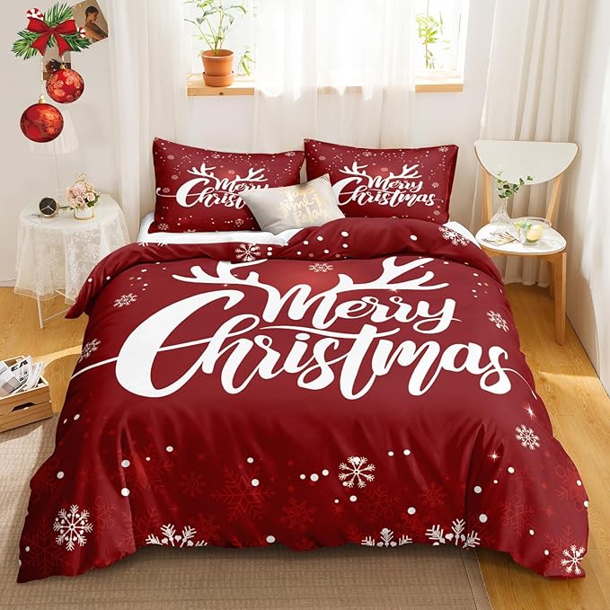 Bedbay Merry Christmas Comforter Set Christmas Bedding Queen Size Red Xmas Elk Snowflakes Printed Soft Microfiber Lightweight Fluffy Comforter Set for Boys Girls(Red,Queen)