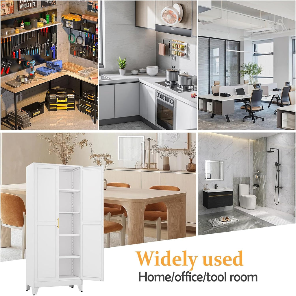 White Pantry Storage Cabinet,71" Kitchen Pantry with Doors and 4 Adjustable Shelves, Metal Storage Cabinet, for Office, Home, Garage, School