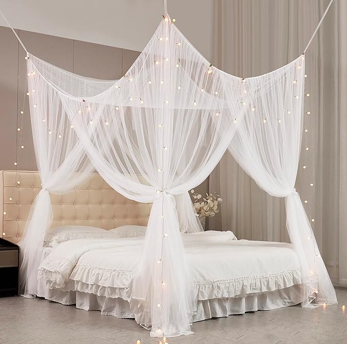 Mengersi Bed Canopy with Lights for Full Queen King Size Bed,4 Corner Post Bed Drapes Canopy for Bed,Canopy Bed Curtains Elegant Bedroom Decoration Accessories(White+Lights)