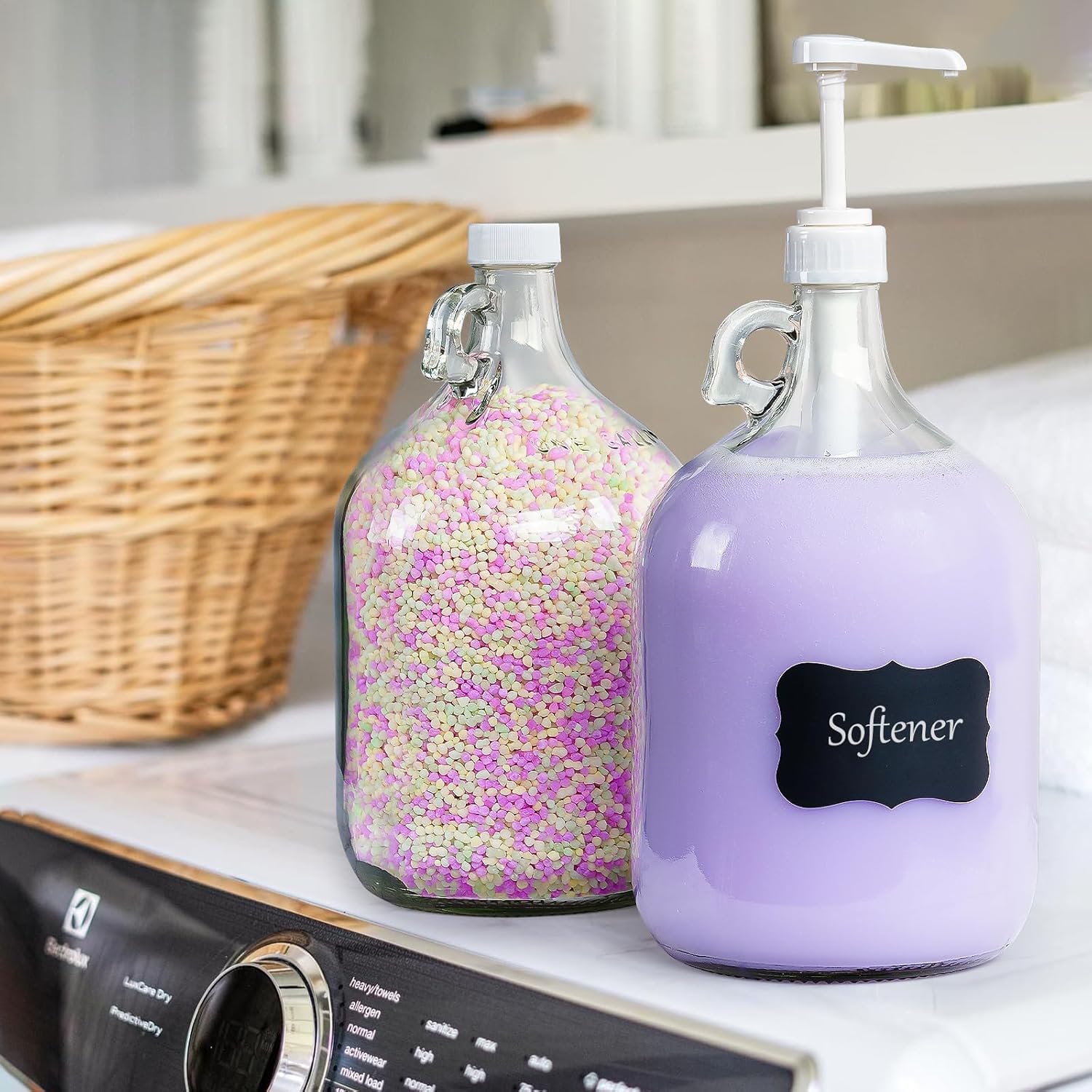2 Pack Gallon Glass Pump Bottle Dispensers with 3 Pumps and 2 Airtight Lids, Laundry Soap Dispensers with 1 Funnel, Liquid Laundry Detergent Dispensers for Fabric Softener, Shampoo, Body Wash
