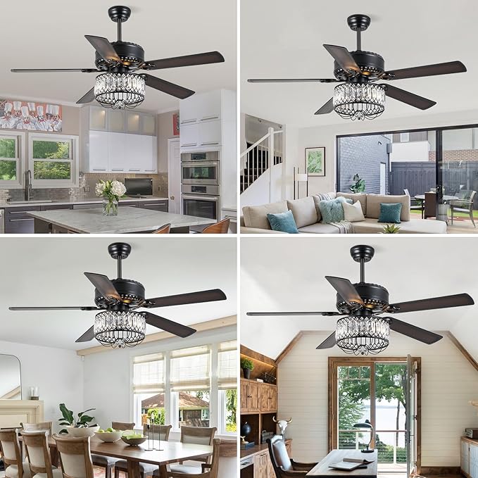 Chandelier Ceiling Fans with Lights - 52 Inch Modern Farmhouse Fandelier Ceiling Fan with Remote, Crystal Ceiling Fan Light for Bedroom Living Dining Room, Dual Finish Wooden Blades, Black