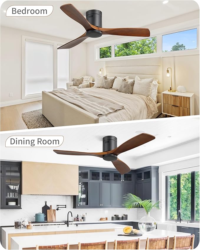 CACI Mall 52 Inch Flush Mount Wood Ceiling Fan without Light,Low Profile,Modern,6 Speed,3 Blades Timer,Remote Control,Quiet Reversible DC Motor for Berdrooms, Livingroom, Patios