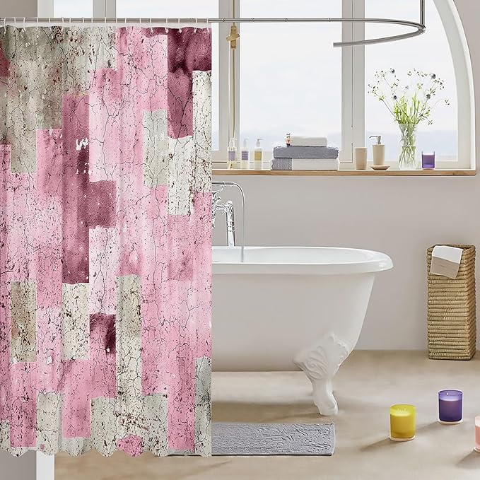 Feelyou Kids Geometric Pink Bath Curtain Geometry Bathroom Shower Curtain Set Checkered Shower Curtain Boys Girls Modern Art Teens Bathroom Accessories Room Decor 72"x72"