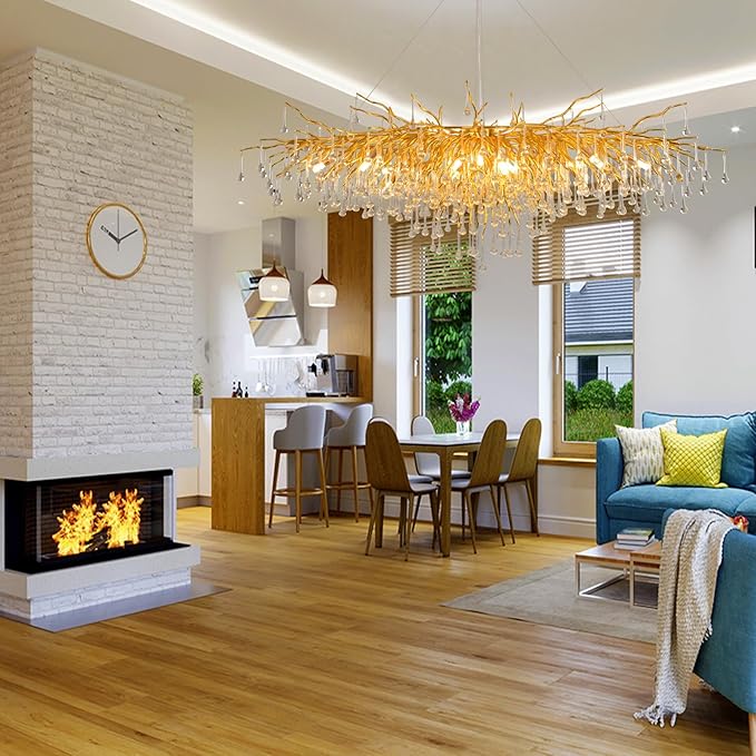 63in Modern Chandeliers, Tree Branch Chandelier Raindrop Crystal Pendant Light Fixtures, Gold Finish Chandeliers Light for Dining Room, Entryway, Living Room, 15-Light