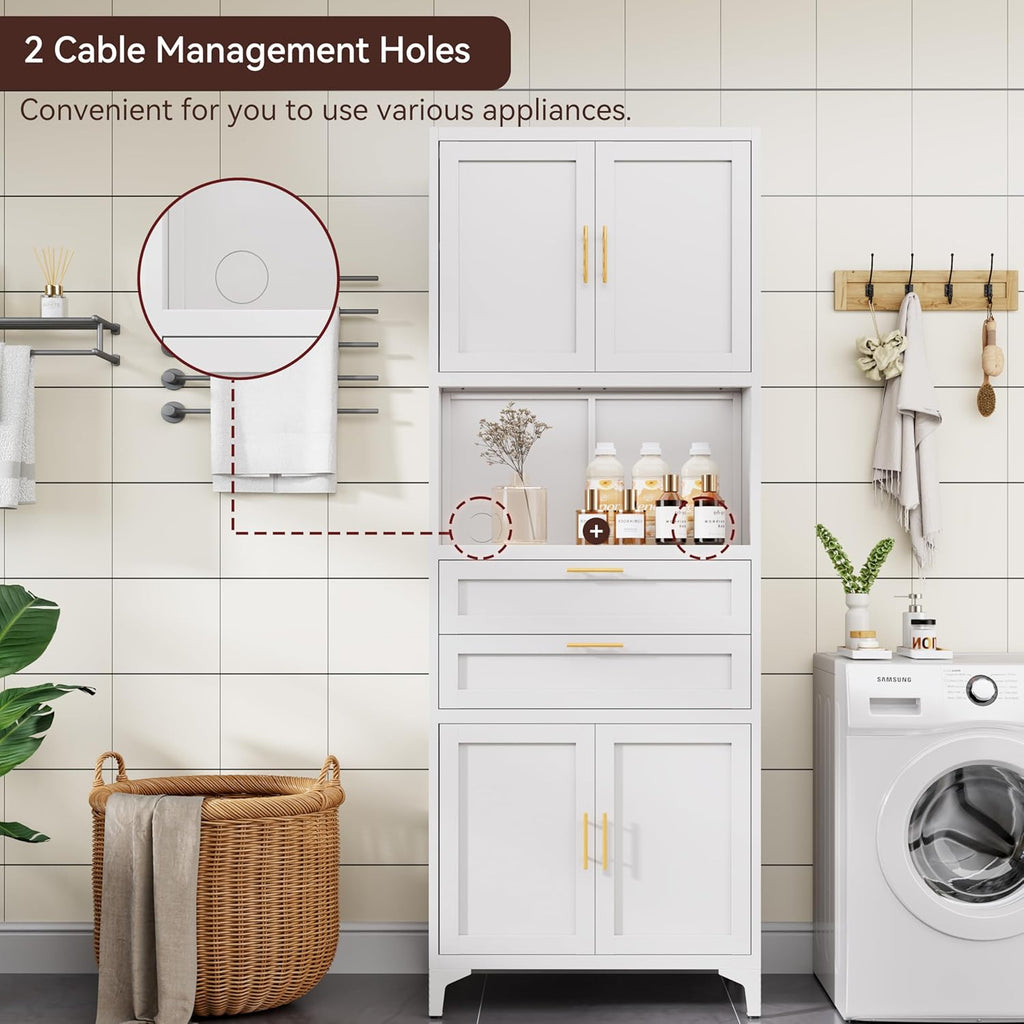 75” Tall Kitchen Pantry Storage Cabinet, Metal Bathroom Storage Cabinet with 2 Drawers and Adjustable Shelves, Kitchen Pantry Cupboard, Freestanding Cupboard for Bathroom, Living Room (White)