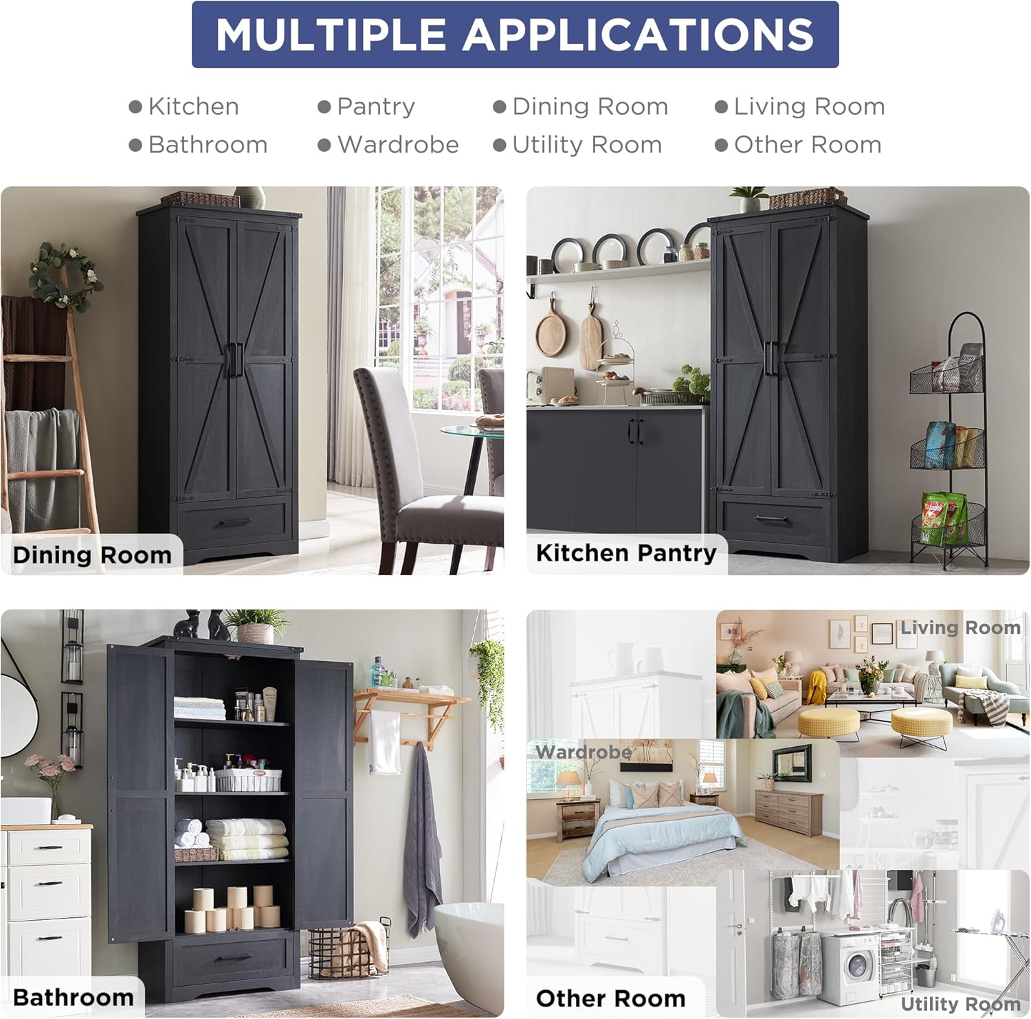 Farmhouse Kitchen Pantry Cabinet - 72" Tall Large Wood Kitchen Storage Cabinets with Adjustable Shelves & 2 Barn Doors & Drawer, Versatile Storage for Dining Room, Bathroom, Living Room, Antique Black