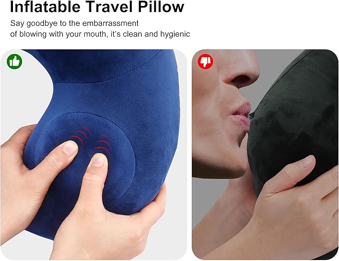 Inflatable Travel Neck Pillows for Airplanes, Long Flight Must Haves for Sleeping to Avoid Neck and Shoulder Pain, Comfortably Support Head and Neck for Flight, Car, Bus and Office (Blue)