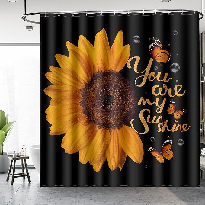 Aimego Sunflower Shower Curtain Butterfly Floral You are My Sunshine on Black Background Farmhouse Shower Curtain Set with 12 Hooks for Bathroom Decor Accessories Bathtub Curtain, 72"x72"