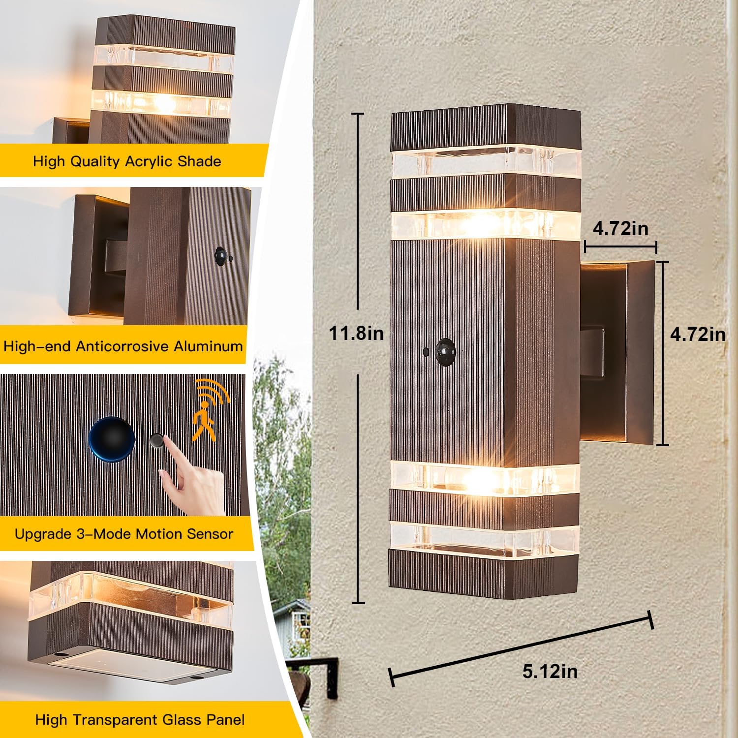 2 Pack Oil Rubbed Bronze Outdoor Wall Lights with 3-Mode Motion Sensor Up Down Porch Lights Modern Dusk Dawn Exterior Sconce Wall Mount Outside Coach Lantern for House(with 4 Dimmable Warm Bulbs)