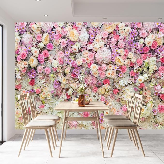 3D Pink Rose Flower Wall Large Floral Mural Wallpaper for Living Room Wall Decor (Not Peel and Stick)