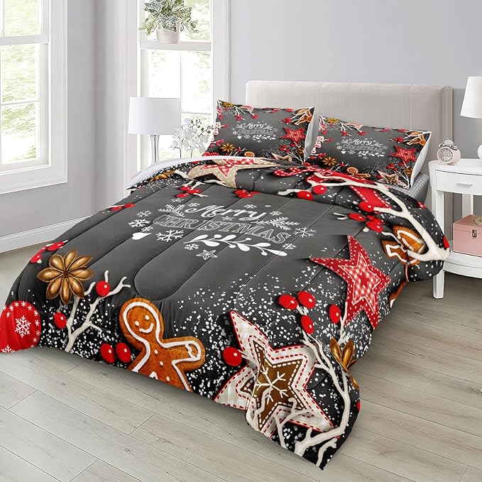 Bedbay Christmas Bedding Set King Size Red Christmas Comforter Set Cute Gingerbread Man and Snowflake Pattern Boys Girls Xmas Festival Bedding 4 Pcs Comforter Set(Christmas,King)