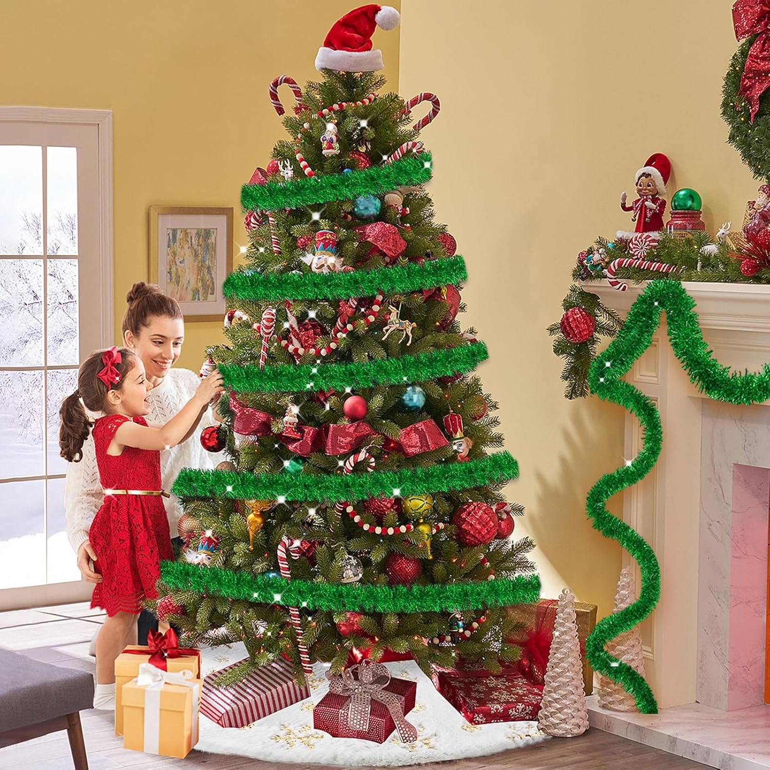 25 Feet Metallic Twist Tinsel Garland Backdrop for Parade Floats, Christmas Eve, New Year, Valentine's Day Party Decorations (Green, 4in x 25ft)