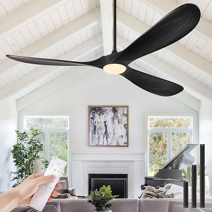 72 Inch Wood Ceiling Fans with Lights and Remote Control, Outdoor Ceiling Fan with Light Solid Wood Modern Black Large Ceiling Fans Propeller Indoor Patios Garage Bedroom High cfm, Matte Black