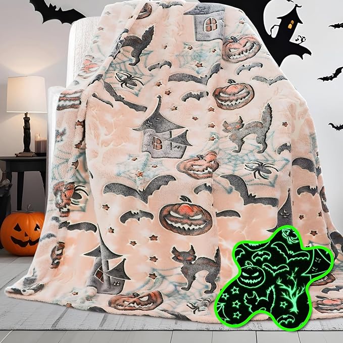 Halloween Pumpkin Blanket Kids Glow in The Dark Blanket Black Cat Halloween Decor Gifts for Women Boys Girls 50"x60"