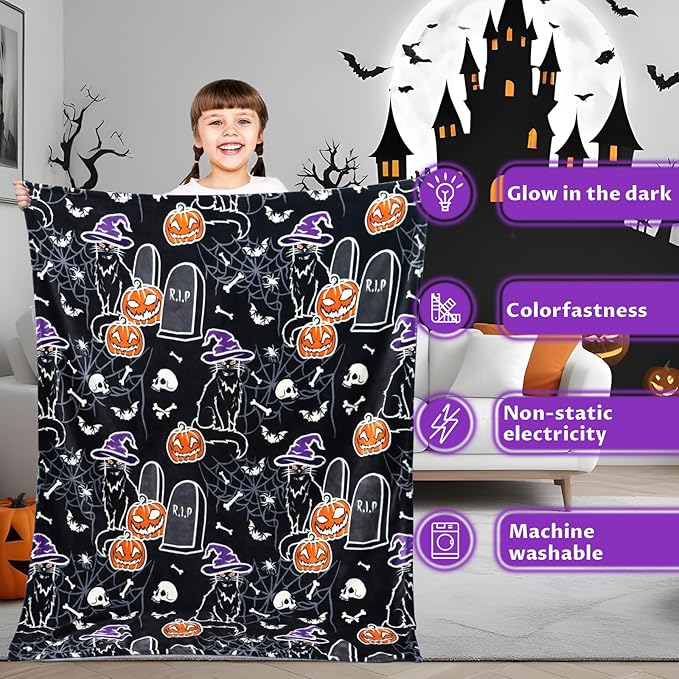 Halloween Throw Blankets Glow in The Dark Blanket Black Cat and Pumpkin Blanket Halloween Decorations Gifts for Women 60"x80"