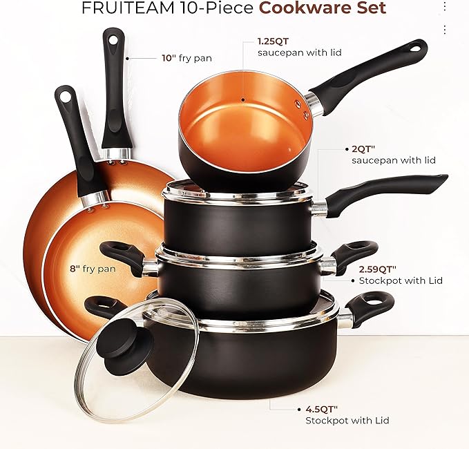 FRUITEAM 10-Piece Black Aluminum Cookware Set with Lids, Includes Soup Pot, Milk Pot and Frying Pans, Induction Gas and Electric Stovetop Compatible