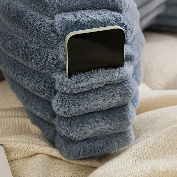 WERDIM Reading Pillow for Sitting in Bed, Faux Fur Back Pillow for Bed Rest, Bed Chair Pillow with Arms and Pockets(Standard, Dusty Blue)