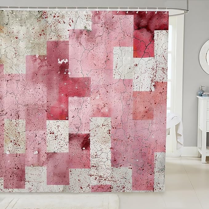 Feelyou Kids Geometric Pink White Bath Curtain Geometry Shower Curtain Boys Girls Checkered Bathroom Shower Curtain Set Modern Art Teens Bathroom Accessories Room Decor 72"x78"
