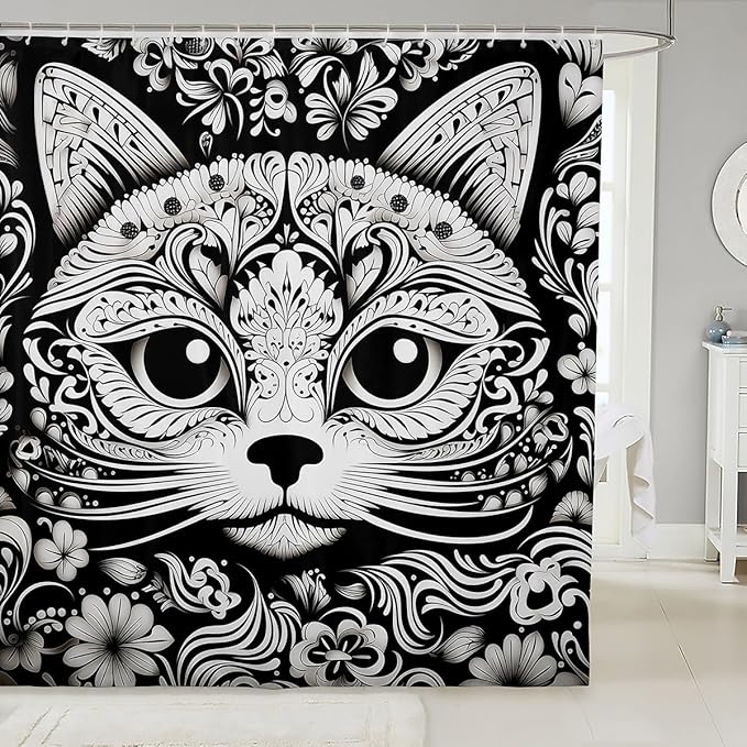 Feelyou Cute Cat Shower Curtain Damask Cat Fabric Shower Curtain for Kids Boys Girls Black White Cat Bathroom Waterproof Accessories with 12 Hooks Cartoon Cat Curtains,72x72 Inches