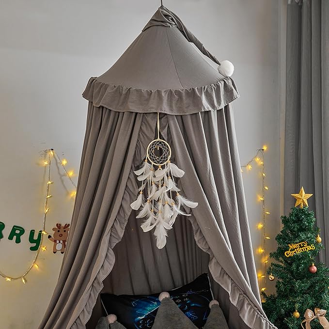 VETHIN Bed Canopy for Girls Kids,Princess Round Dome Children Dreamy Mosquito Net Bedding Girls Room Castle Play Tent Hanging House Decor Reading Nook Canopies (Grey)