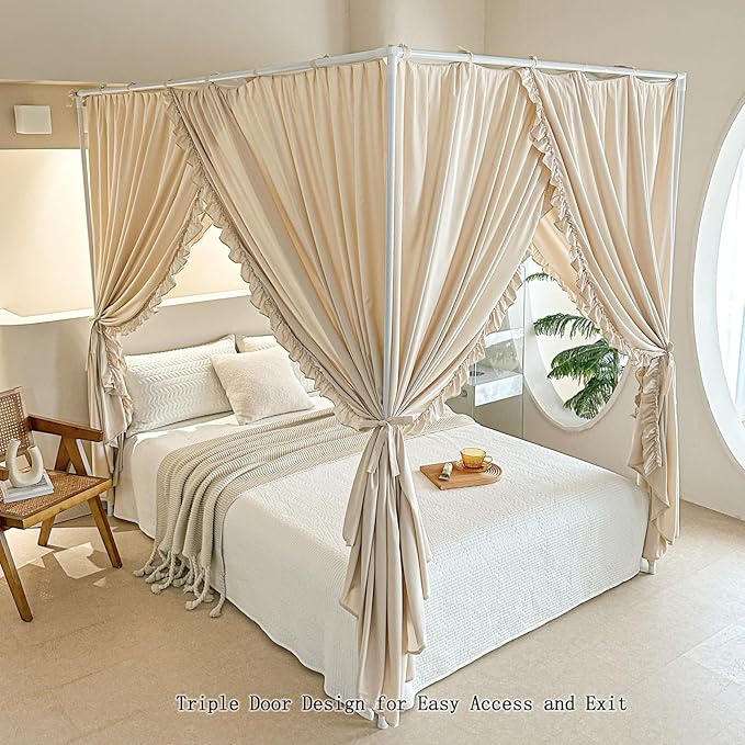 AIKASY Princess Canopy Bed Curtains with Top Ties - Windproof & Lightproof for Girls' Adult Bedroom Decor | Bed Canopy Drapes (Queen,Khaki)