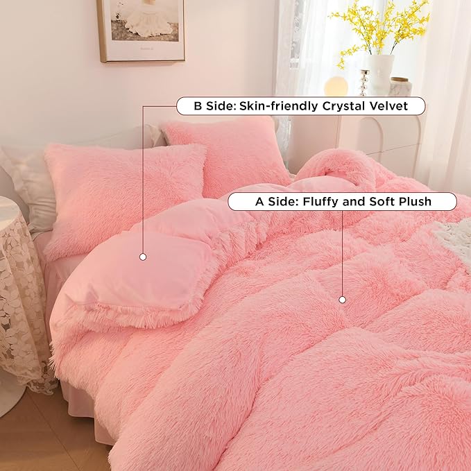 Litanika Pink Fluffy Comforter Queen Size, Luxury Shaggy Faux Fur Bedding Set Cute for Women Girls, Ultra Soft Velvet Fuzzy Comforter Queen Bed 3 Pieces(1 Plush Comforter 90×90 Inch, 2 Pillowcases)