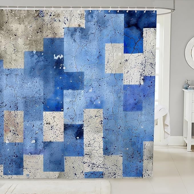 Feelyou Kids Geometric Blue Shower Curtain Geometry Bath Curtain Boys Girls Checkered Bathroom Shower Curtain Set Modern Art Teens Bathroom Accessories Room Decor 72"x78"