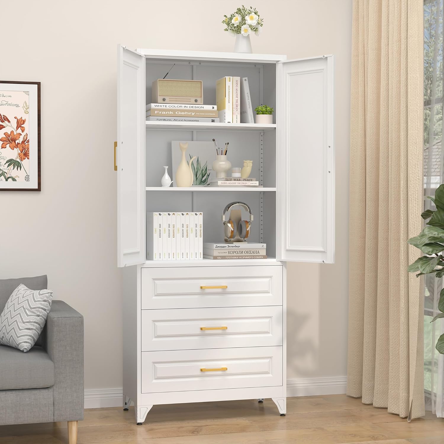 75" Kitchen Pantry Cabinet with 3 Drawer,Metal Storage Cabinets with Doors and 4 Adjustable Shelves,White Kitchen Cabinet with 2 Gold Handles,Food Cupboard for Livingroom,Pantry, Bathroom