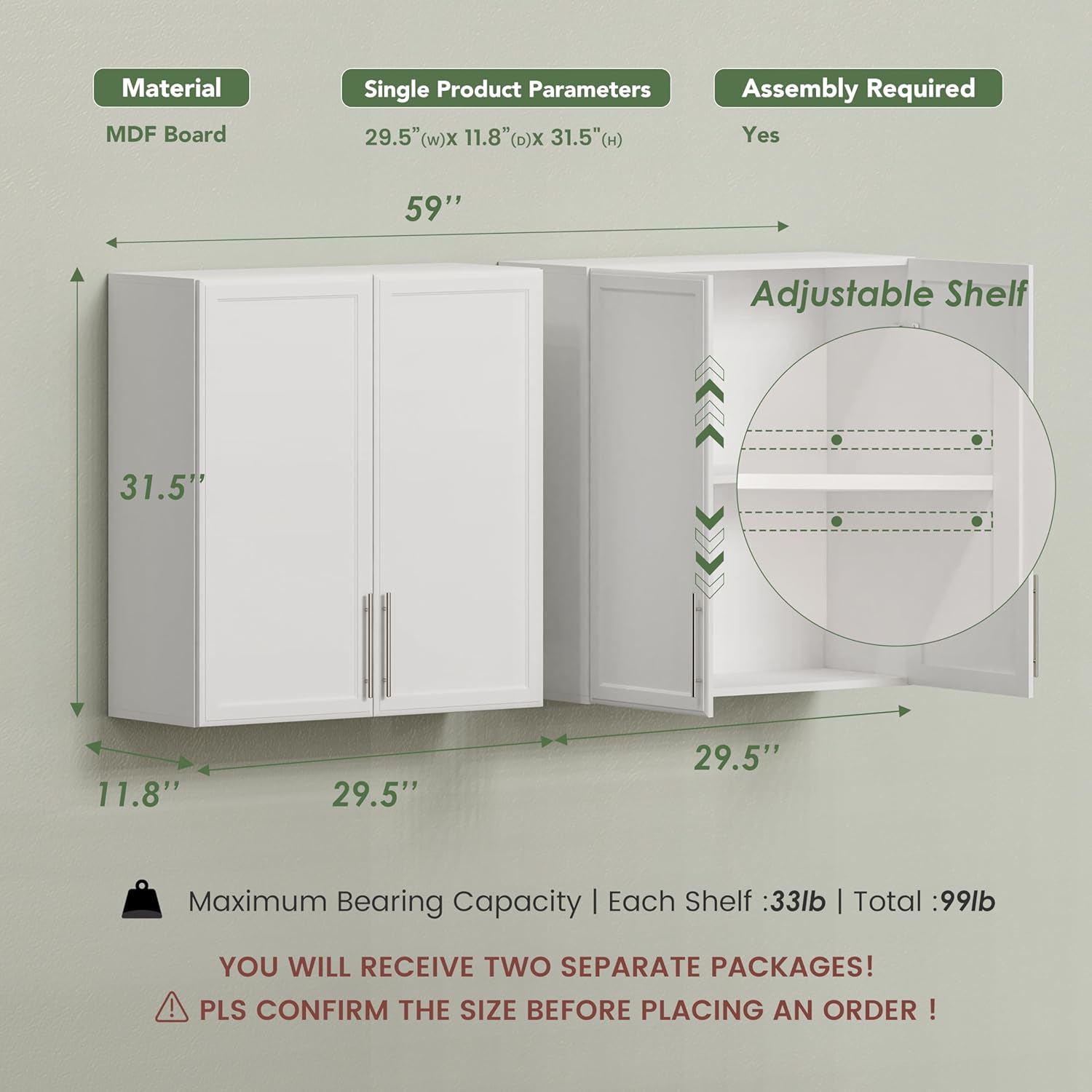 FIMELLO 60" Laundry Room Wall Cabinets with Adjustable Shelf, Large Wall Storage Cabinet, White Wall Cabinet with Doors, Upper Kitchen Cabinet, Cabinets for Laundry, Bathroom, Kitchen -White