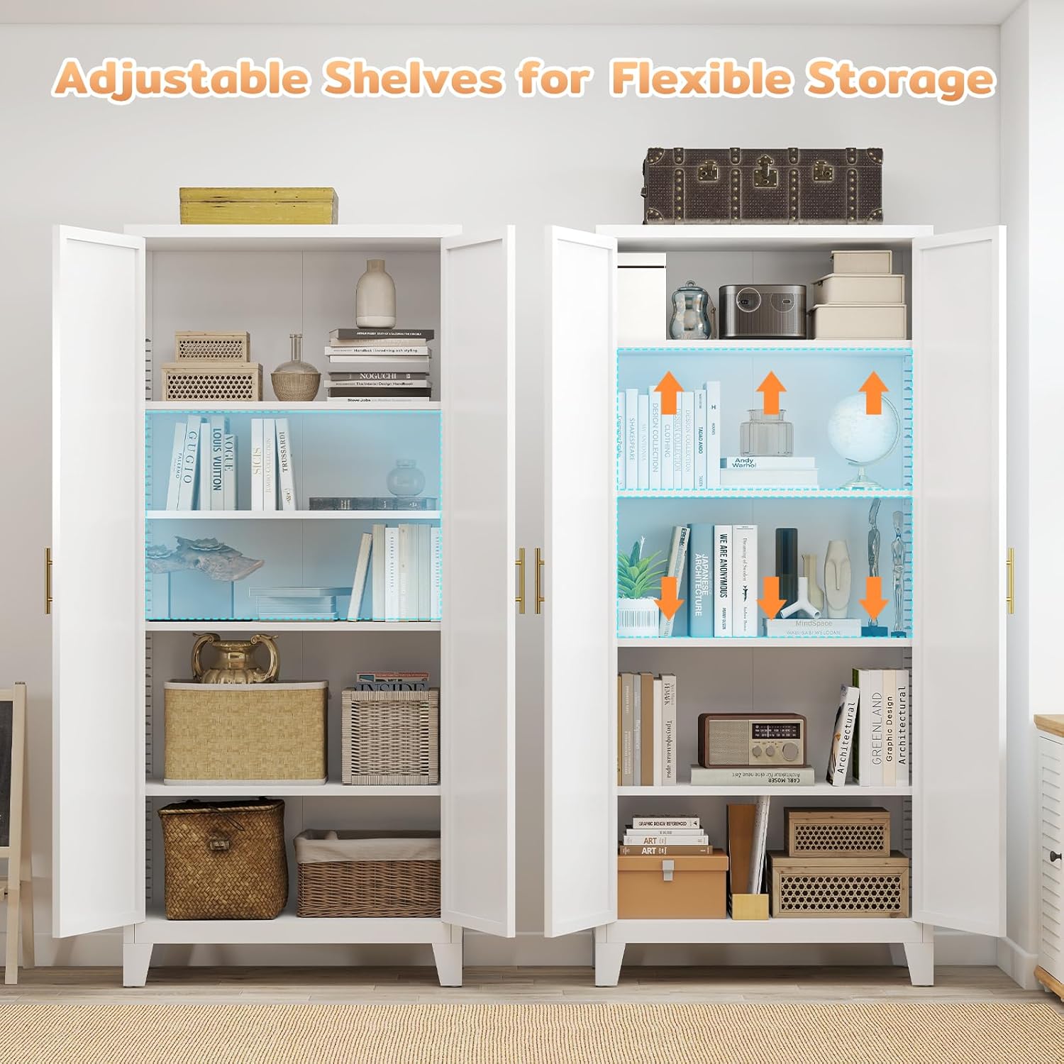 70.87" H Metal Kitchen Pantry Cabinet, Freestanding Cupboard with 2 Doors and 4 Adjustable Shelves, Tall Metal Storage Cabinet for Kitchen, Bathroom, Dinning Room or Laundry Room （White）