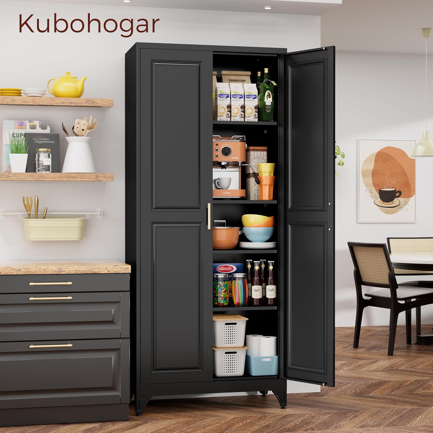 75" Kitchen Pantry Cabinet, Black Metal Storage Cabinets with 2 Doors and 4 Adjustable Shelves, Tall Pantry Storage Cabinet for Kitchen, Dining Room, Living Room