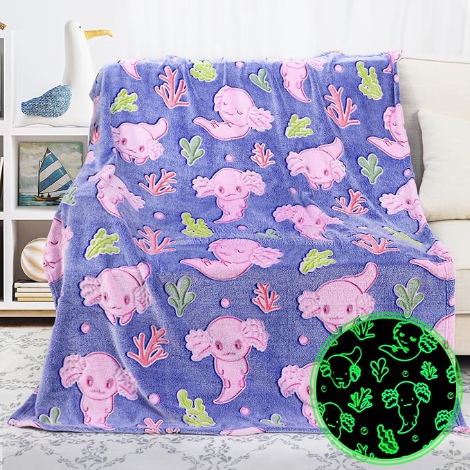 Pink Axolotl Gifts for Girls Glow in The Dark Blanket Cute Axolotl Blanket Girl Soft Fleece Blanket Birthday Gifts 40"x50"