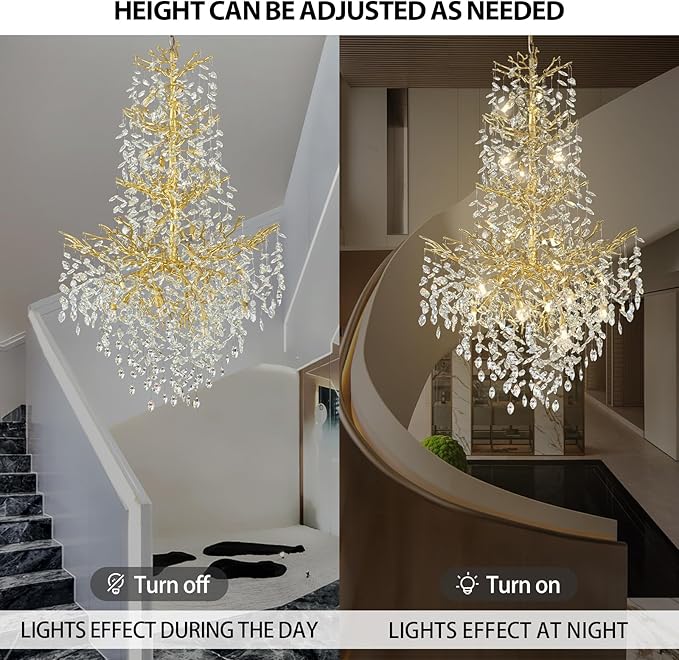 H61'' Gold Crystal High Ceilings Chandeliers Staircase Chandeliers Modern Crystal Tree Branch Chandelier, D40'' Foyer Chandelier for High Ceiling Luxury Large Living Room Chandelier, 23-Lights