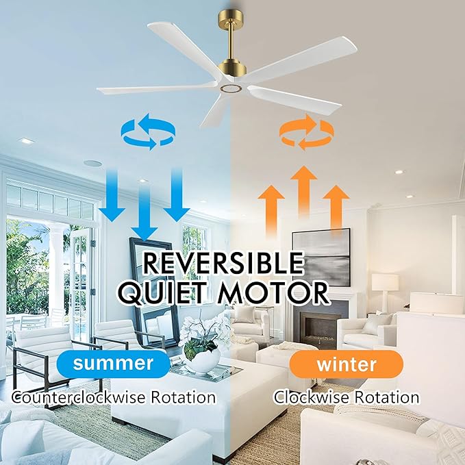 60 Inch Modern Ceiling Fan without Light, 5 Solid Wood Blades 6-Speed Noiseless Reversible DC Motor, Ceiling Fan with Remote Control for Bedroom Living Room, White Gold Finish